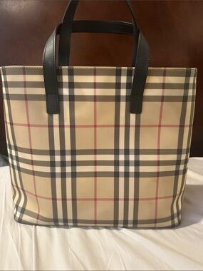 Burberry Beige Nova Check Tote with Black Handles